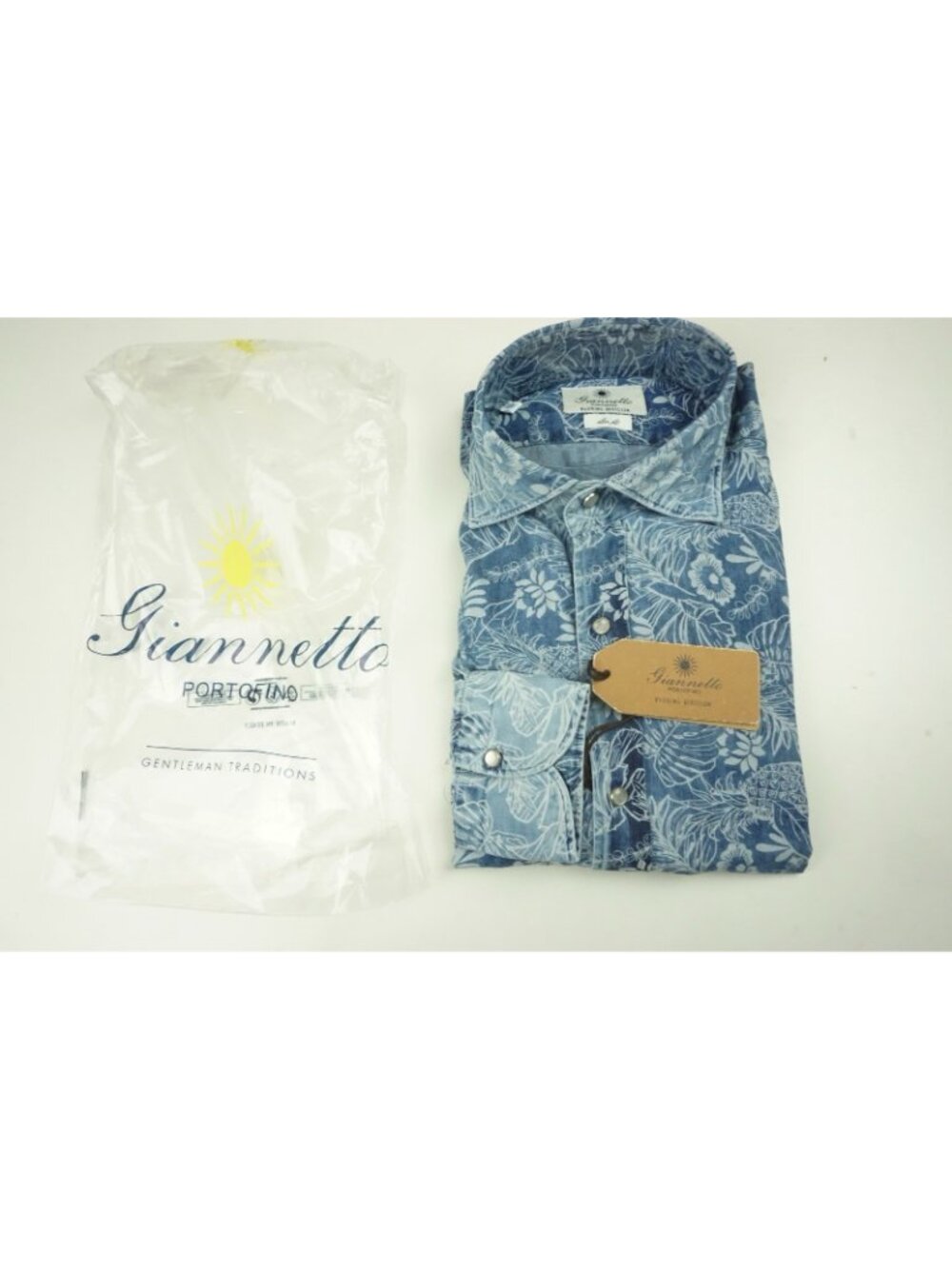 Giannetto Blue Denim Floral Cotton Snap Button Slim Shirt 15 1/2 39 NEW - Picture 3 of 6
